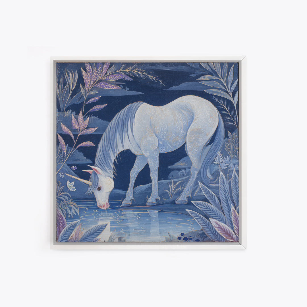 Unicorn Drinking from a Silver Stream Framed Canvas Print, Fantasy Art, Textured Painting, Living Room Decor, Fine Art, Mythic, FAN-1x1-88