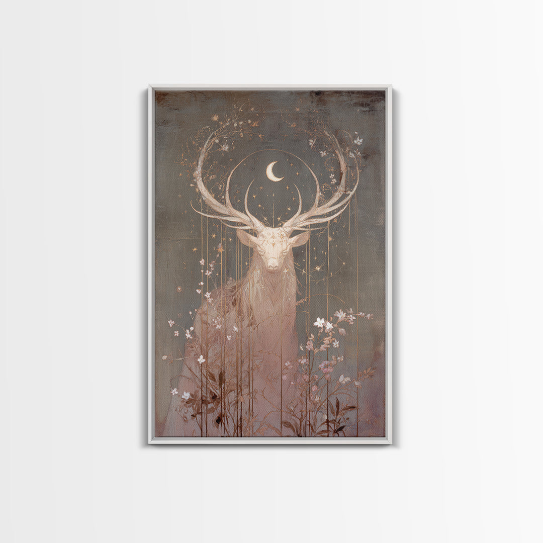 Forest Spirit with Antlers and Glowing Eyes Framed Canvas Print, Fantasy Art, Print, Living Room Decor, Fine Art, Mythic, FAN-2x3-20