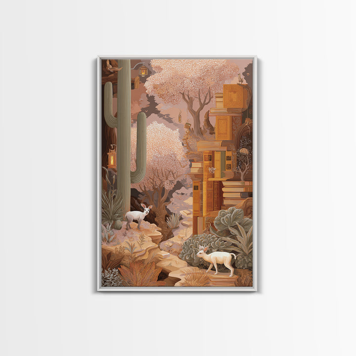 Enchanted Library with Floating Books Framed Canvas Print, Fantasy Art, Statement Artwork, Living Room Decor, Fine Art, Mythic, FAN-2x3-4