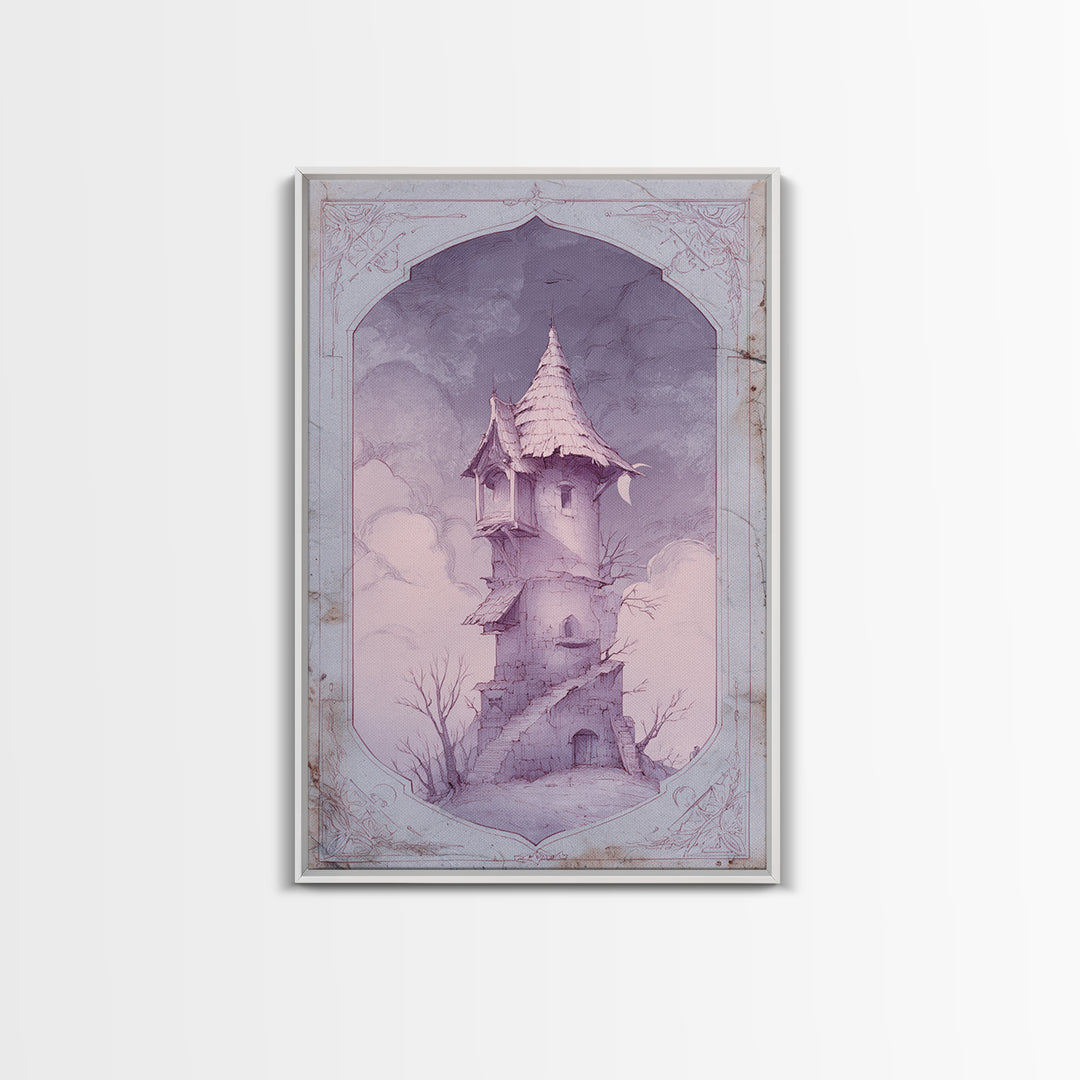 Wizard Tower under a Violet Storm Sky Framed Canvas Print, Fantasy Art, Wall Art, Living Room Decor, Fine Art, Mythic, FAN-2x3-60
