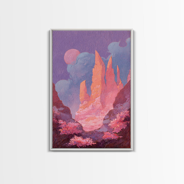 Wizard Tower under a Violet Storm Sky Framed Canvas Print, Fantasy Art, Dragon Art, Living Room Decor, Fine Art, Mythic, FAN-2x3-84