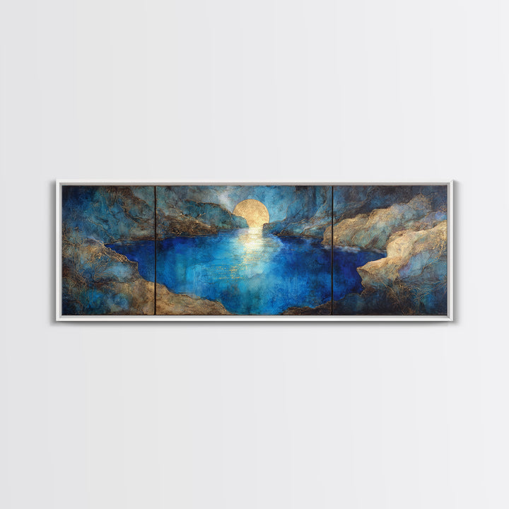 Crystal Cave with Luminous Blue Reflections Canvas Print, Fantasy Art, Art Print, Living Room Decor, Oil Painting, Mythic, FAN-3x1-70