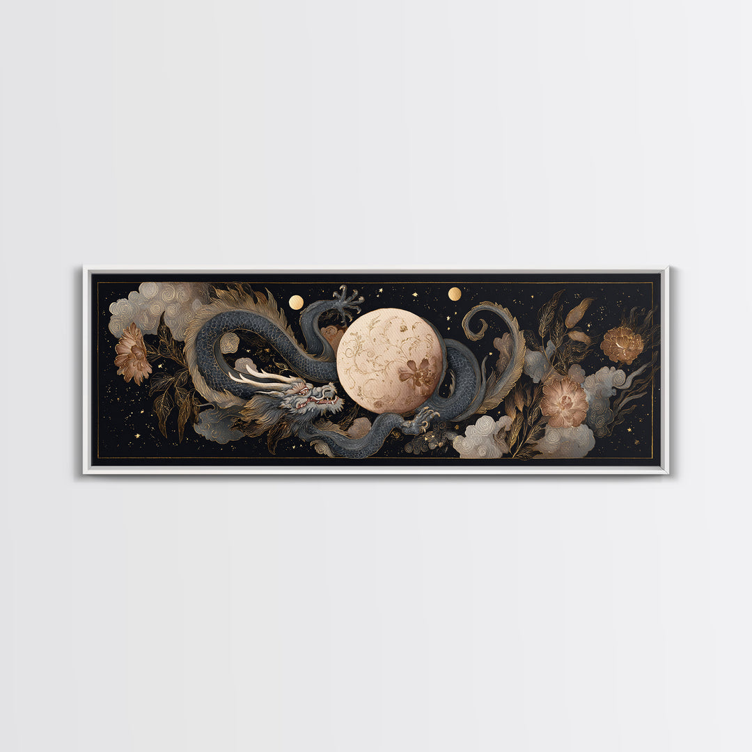 Celestial Dragon Wrapped Around a Moon Canvas Print, Fantasy Art, Art, Living Room Decor, Fine Art, Mythic, Watercolor Painting, FAN-3x1-78