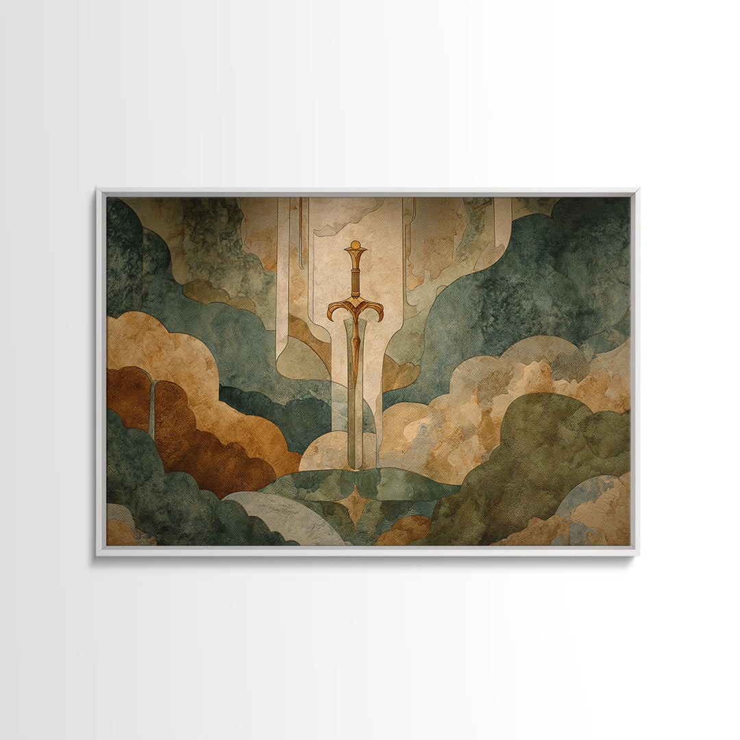 Magic Sword Embedded Framed Canvas Print, Fantasy Art, Neutral Decor, Living Room Decor, Fine Art, Mythic, Wall Art, Home Decor, FAN-3x2-39