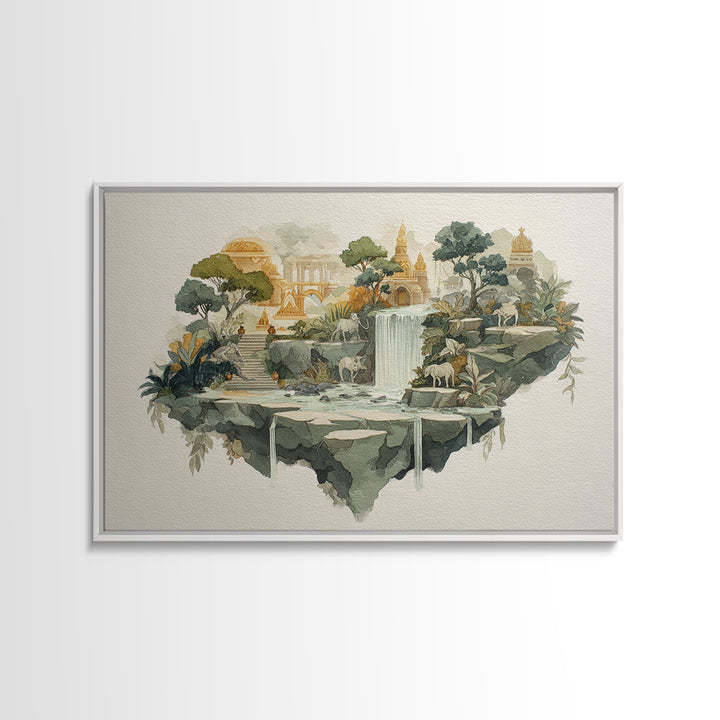 Floating Island with Waterfalls and Ancient Ruins Canvas Print, Fantasy Art, Fantasy Art Print, Living Room Decor, Mythic, FAN-3x2-79