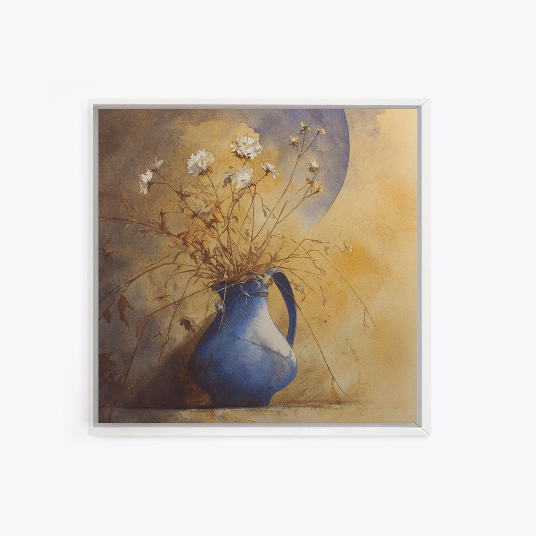 Blue Enamel Pitcher Framed Canvas Print, Farmhouse Art, Art Print, Farmhouse Decor, Watercolor Art, Harvest, Digital Art, FAR-1x1-40