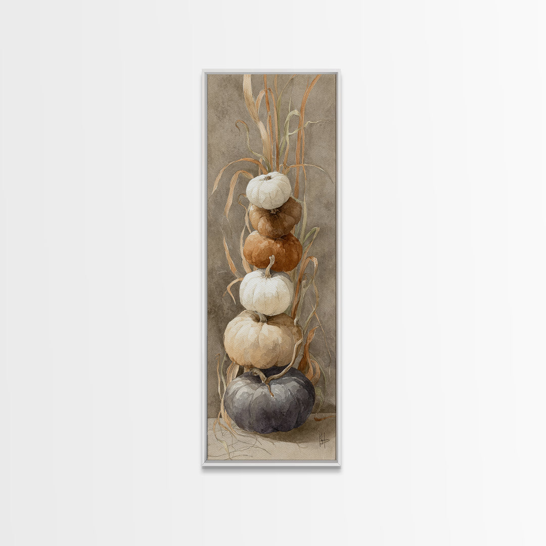 Pumpkins Stacked on a Wooden Crate Canvas Print, Farmhouse Art, Landscape Painting, Farmhouse Decor, Watercolor Art, Harvest, FAR-1x3-1