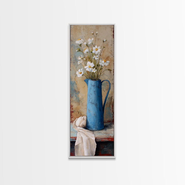Blue Enamel Pitcher Canvas Print, Farmhouse Art, Sage Green Wall Art, Farmhouse Decor, Oil Painting, Harvest, Gallery Decor, FAR-1x3-100