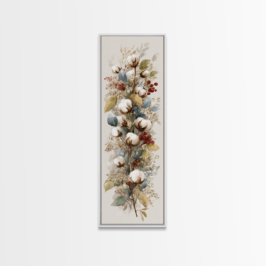 Farmhouse Wreath of Cotton Stems and Eucalyptus Canvas Print, Farmhouse Art, Textured Painting, Farmhouse Decor, Harvest, FAR-1x3-32