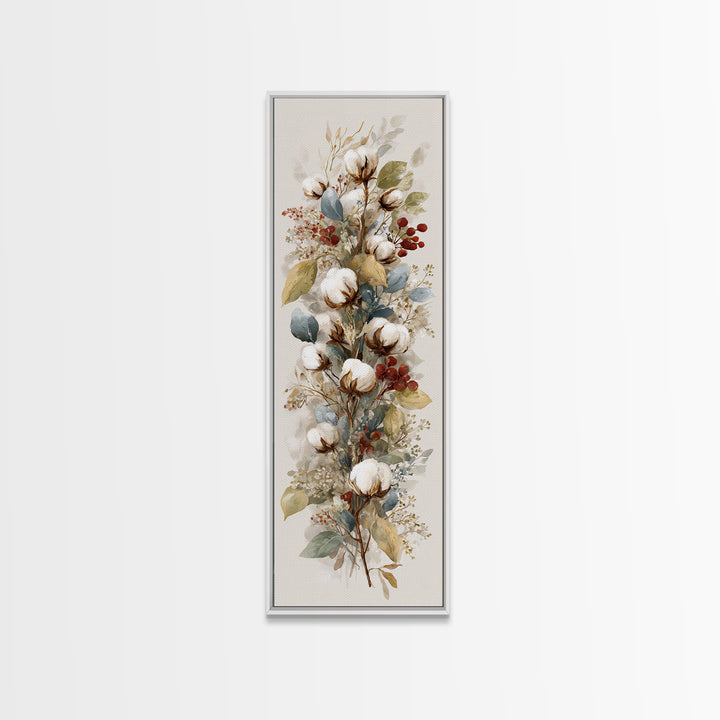 Farmhouse Wreath of Cotton Stems and Eucalyptus Canvas Print, Farmhouse Art, Textured Painting, Farmhouse Decor, Harvest, FAR-1x3-32