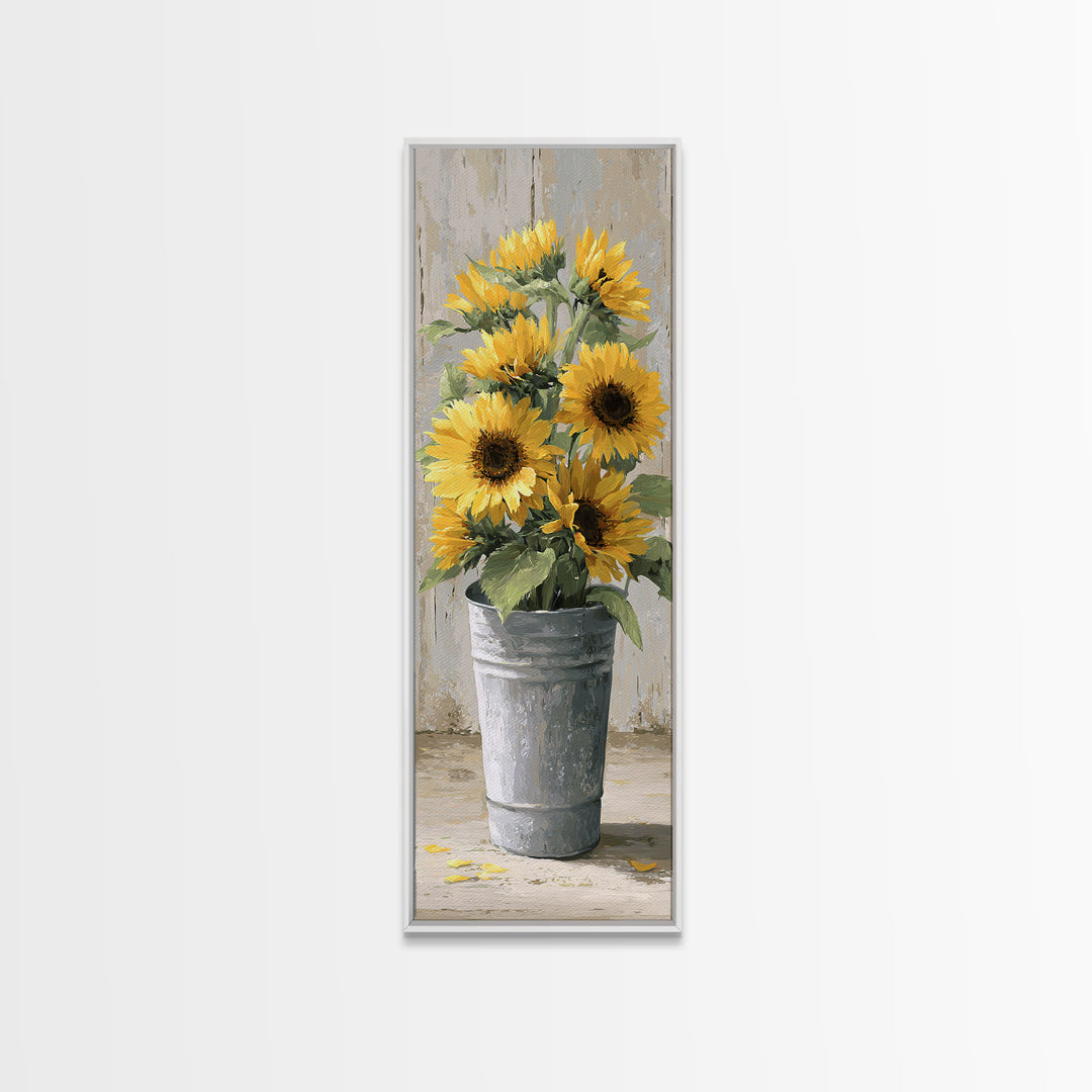 Sunflowers in a Galvanized Metal Bucket Canvas Print, Farmhouse Art, Digital Art, Farmhouse Decor, Oil Painting, Harvest, FAR-1x3-39