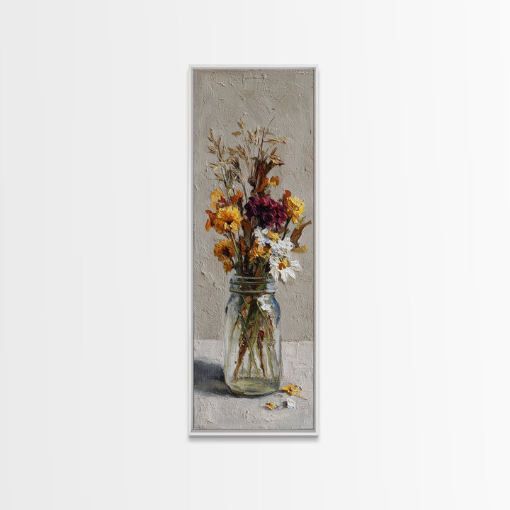 Wildflowers in a Mason Jar on Linen Canvas Print, Farmhouse Art, Printable Wall Art, Farmhouse Decor, Watercolor Art, Harvest, FAR-1x3-43