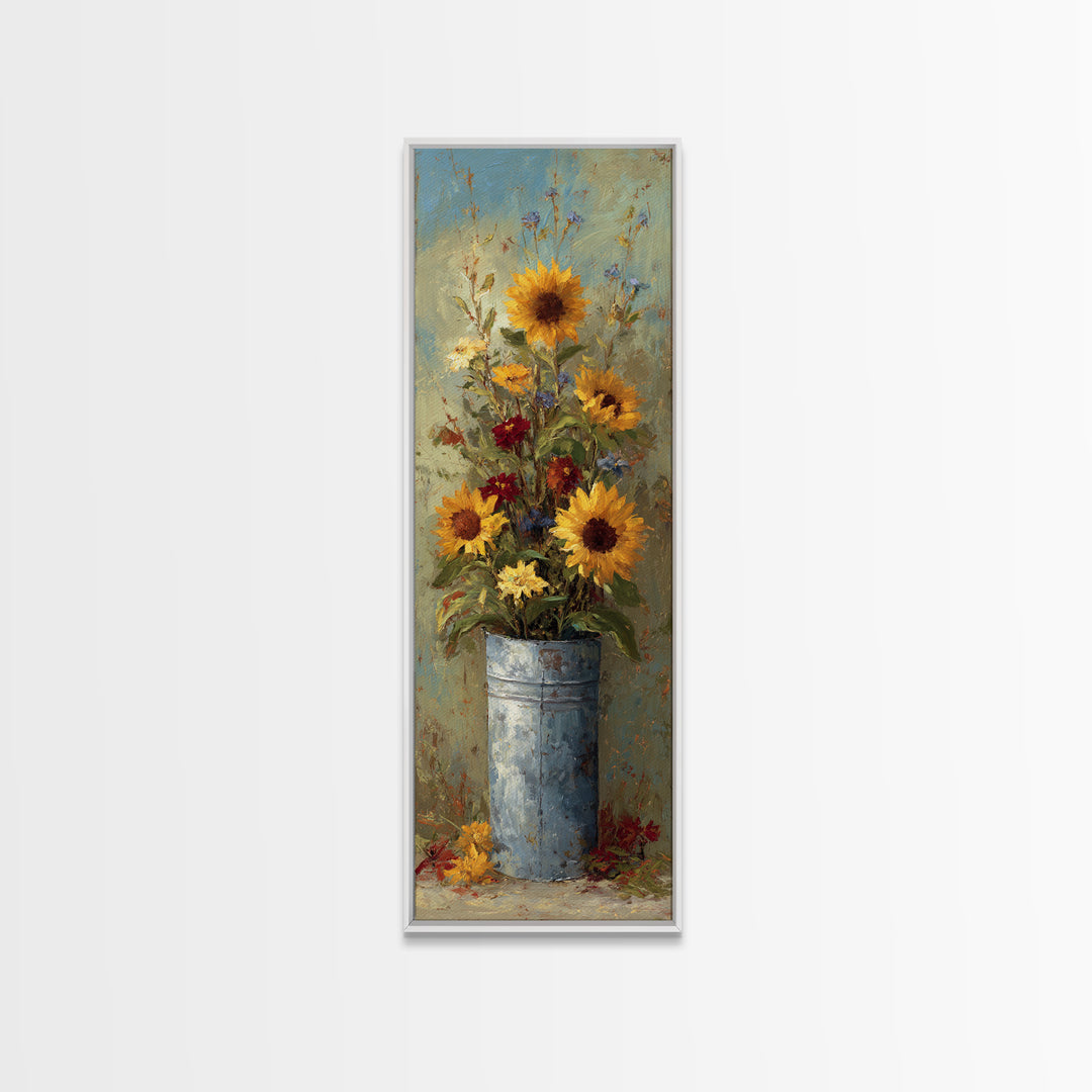 Sunflowers in a Galvanized Metal Bucket Canvas Print, Farmhouse Art, Sage Green Wall Art, Farmhouse Decor, Watercolor Art, FAR-1x3-63