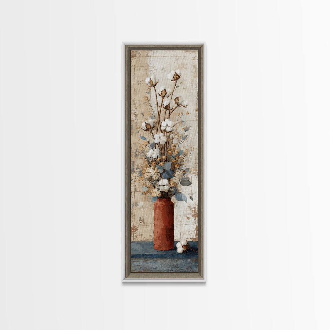 Farmhouse Wreath of Cotton Stems and Eucalyptus Framed Canvas Print, Farmhouse Art, Farmhouse Decor, Fine Art, Harvest, FAR-1x3-80
