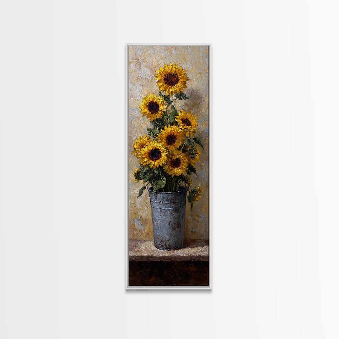 Sunflowers in a Galvanized Metal Bucket Framed Canvas Print, Farmhouse Art, Landscape Painting, Farmhouse Decor, Harvest, FAR-1x3-87