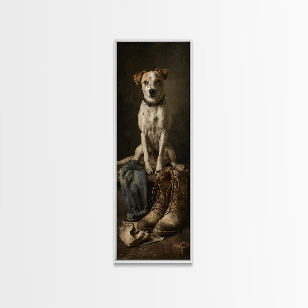 Farm Dog Lying Beside Weathered Boots Canvas Print, Farmhouse Art, Minimalist Decor, Farmhouse Decor, Fine Art, Harvest, FAR-1x3-93