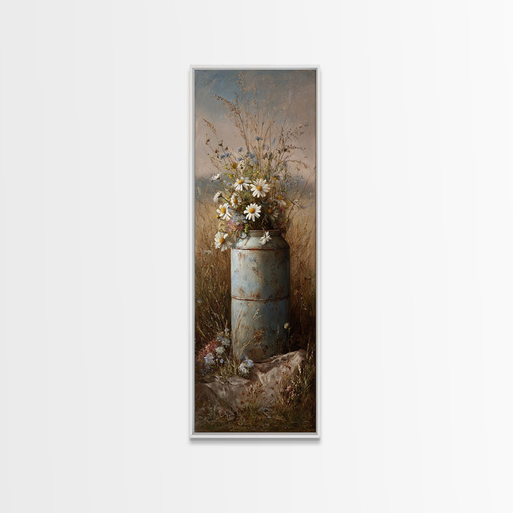 Old Milk Can Framed Canvas Print, Farmhouse Art, Watercolor Painting, Farmhouse Decor, Abstract Art, Harvest, Botanical Art, FAR-1x3-96
