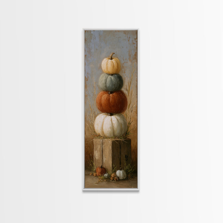 Pumpkins Stacked on a Wooden Crate Canvas Print, Farmhouse Art, Landscape Art, Farmhouse Decor, Oil Painting, Harvest, FAR-1x3-97