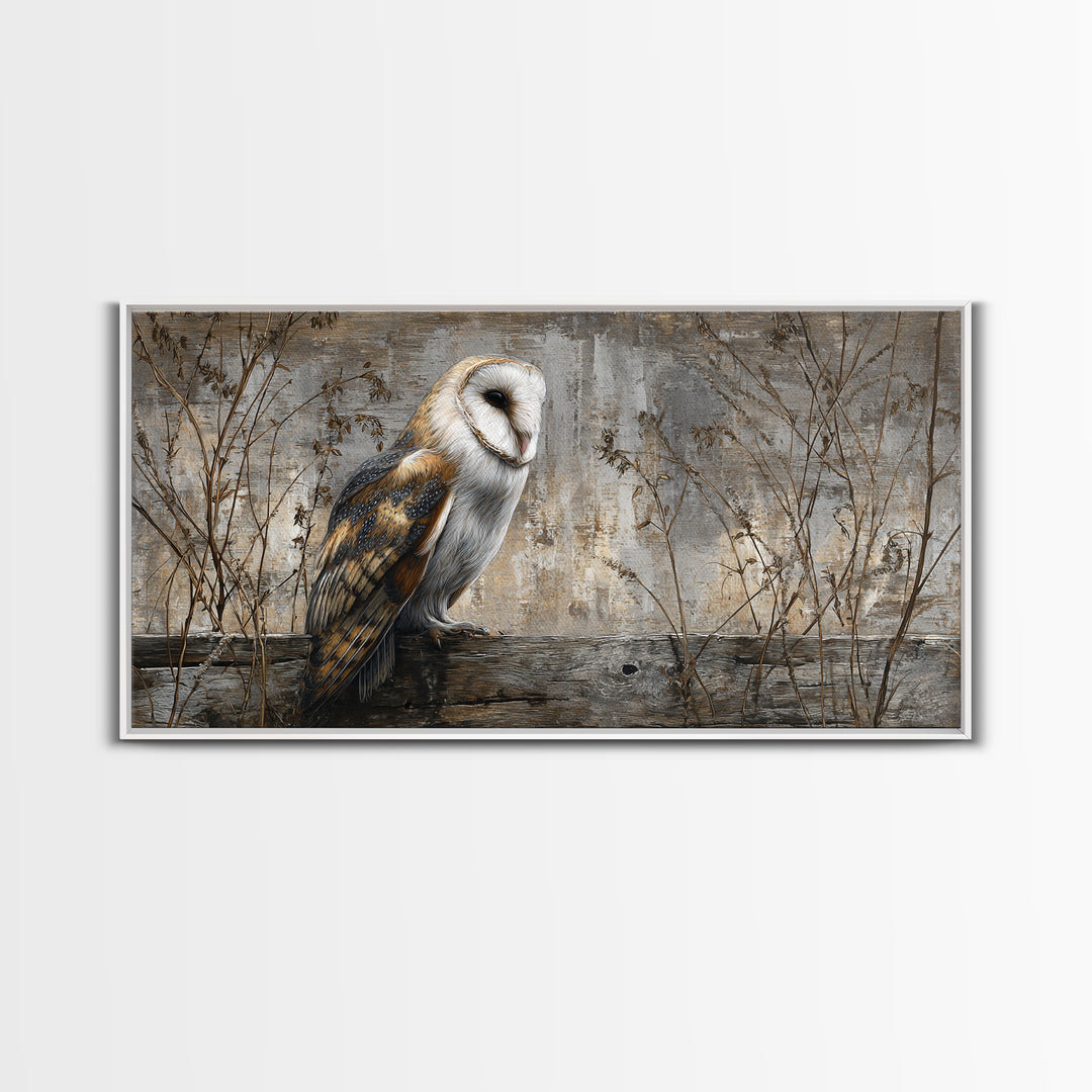 Barn Owl Perched on Aged Wood Framed Canvas Print, Farmhouse Art, Gallery Wall, Farmhouse Decor, Fine Art, Harvest, Art Print, FAR-2x1-19