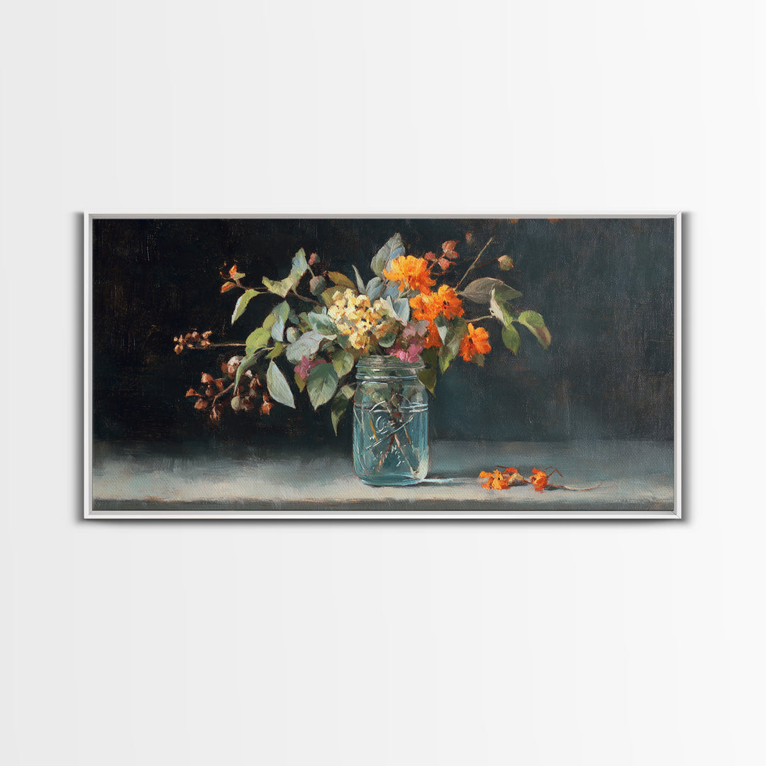 Wildflowers in a Mason Jar on Linen Framed Canvas Print, Farmhouse Art, Fine Art Print, Farmhouse Decor, Fine Art, Harvest, FAR-2x1-27