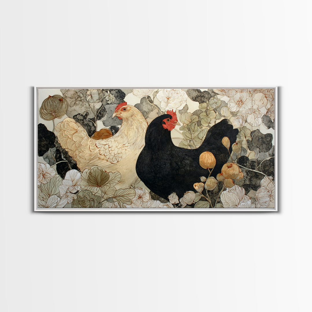 Chicken Family in a Garden Patch Framed Canvas Print, Farmhouse Art, Black Wall Art, Farmhouse Decor, Watercolor Art, Harvest, FAR-2x1-59