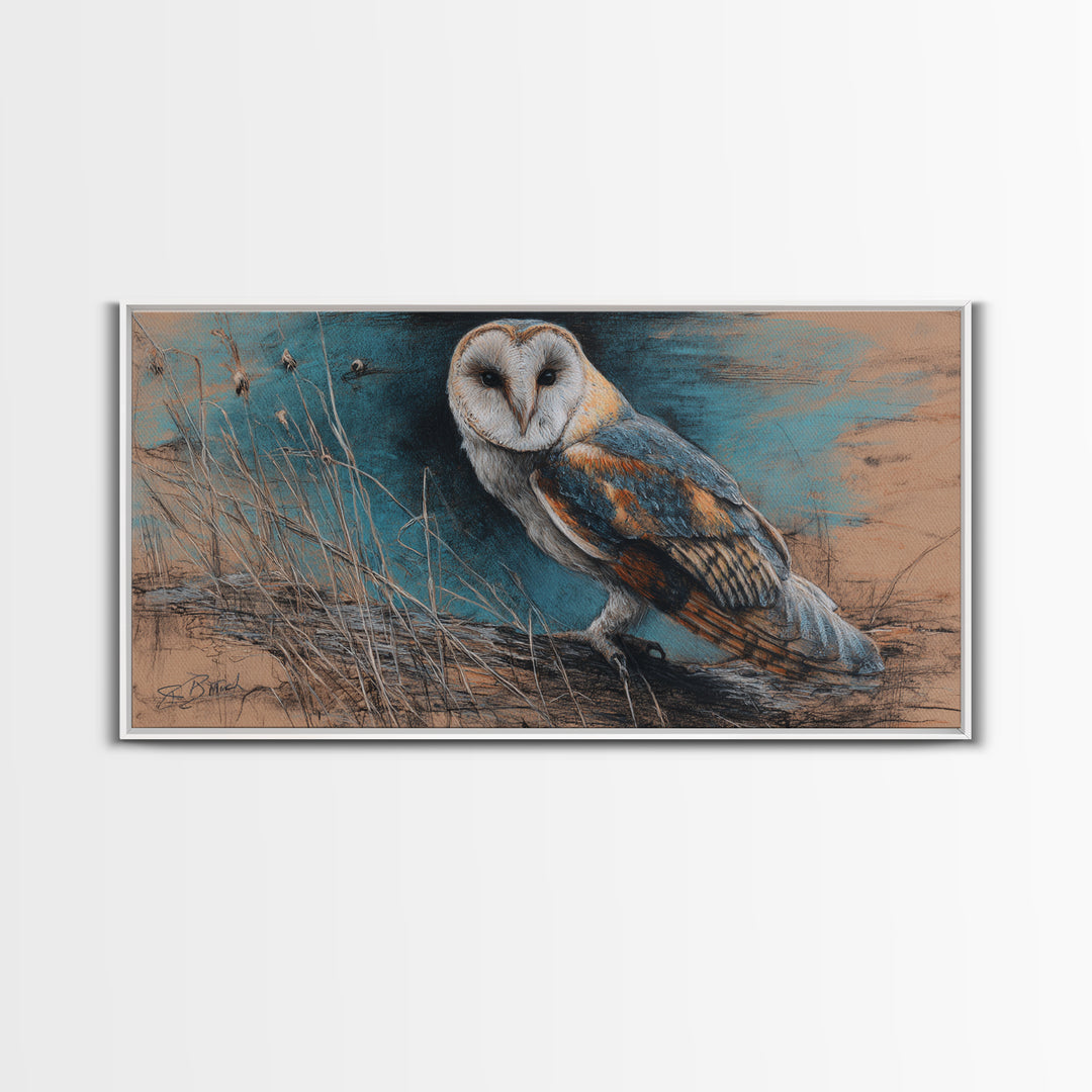 Barn Owl Perched on Aged Wood Framed Canvas Print, Farmhouse Art, Landscape Art, Farmhouse Decor, Fine Art, Harvest, FAR-2x1-67