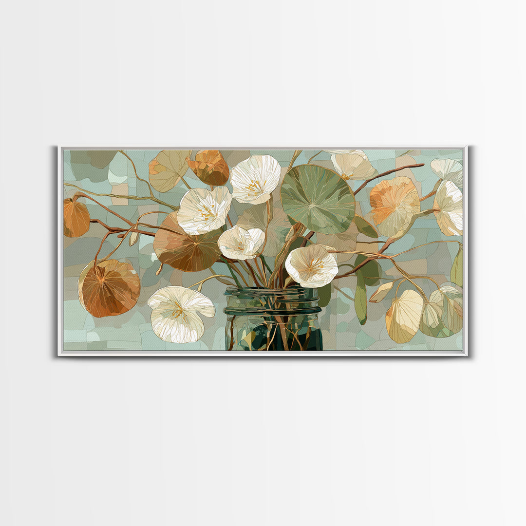 Pumpkins Stacked on a Wooden Crate Framed Canvas Print, Farmhouse Art, Oil Painting, Farmhouse Decor, Watercolor Art, Harvest, FAR-2x1-81