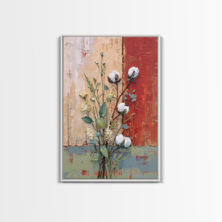 Farmhouse Wreath of Cotton Stems and Eucalyptus Framed Canvas Print, Farmhouse Art, Art Print, Farmhouse Decor, Harvest, FAR-2x3-100
