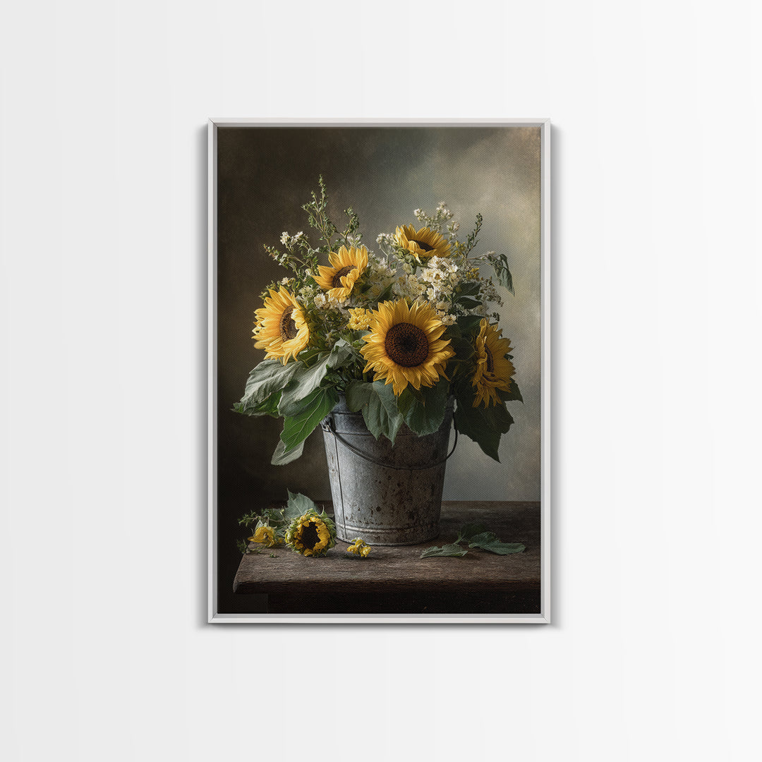 Sunflowers in a Galvanized Metal Bucket Canvas Print, Farmhouse Art, Botanical Art, Farmhouse Decor, Fine Art, Harvest, FAR-2x3-11