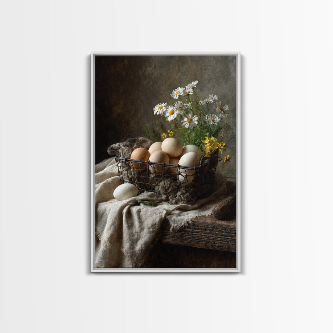 Fresh Eggs in a Wire Basket Canvas Print, Farmhouse Art, Art Print, Farmhouse Decor, Oil Painting, Harvest, Digital Art, FAR-2x3-14