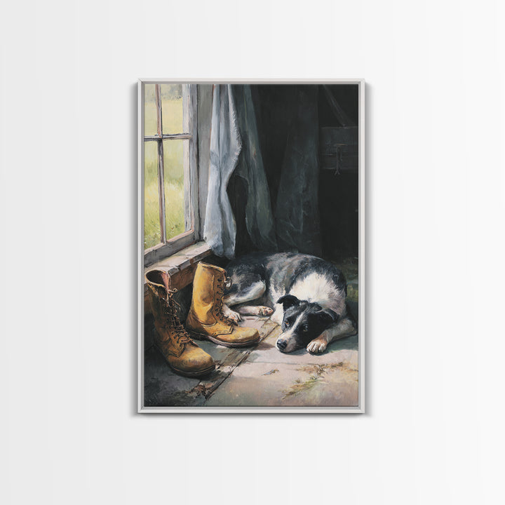 Farm Dog Lying Beside Weathered Boots Framed Canvas Print, Farmhouse Art, Wall Decor, Farmhouse Decor, Abstract Art, Harvest, FAR-2x3-17