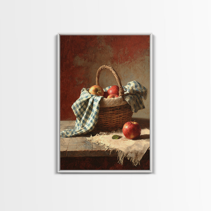 Apple Basket with Gingham Cloth Framed Canvas Print, Farmhouse Art, Neutral Decor, Farmhouse Decor, Fine Art, Harvest, FAR-2x3-19