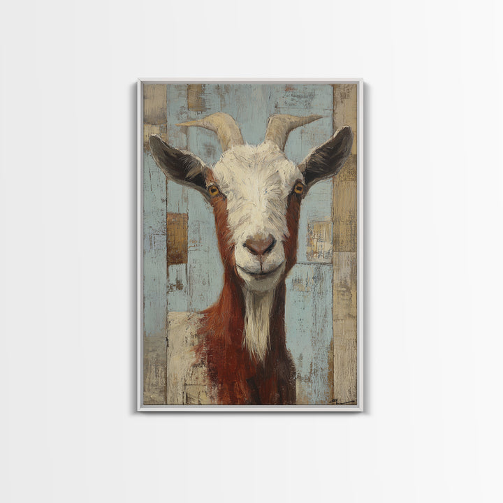 Goat Portrait with Playful Expression Framed Canvas Print, Farmhouse Art, Boho Decor, Farmhouse Decor, Fine Art, Harvest, FAR-2x3-2