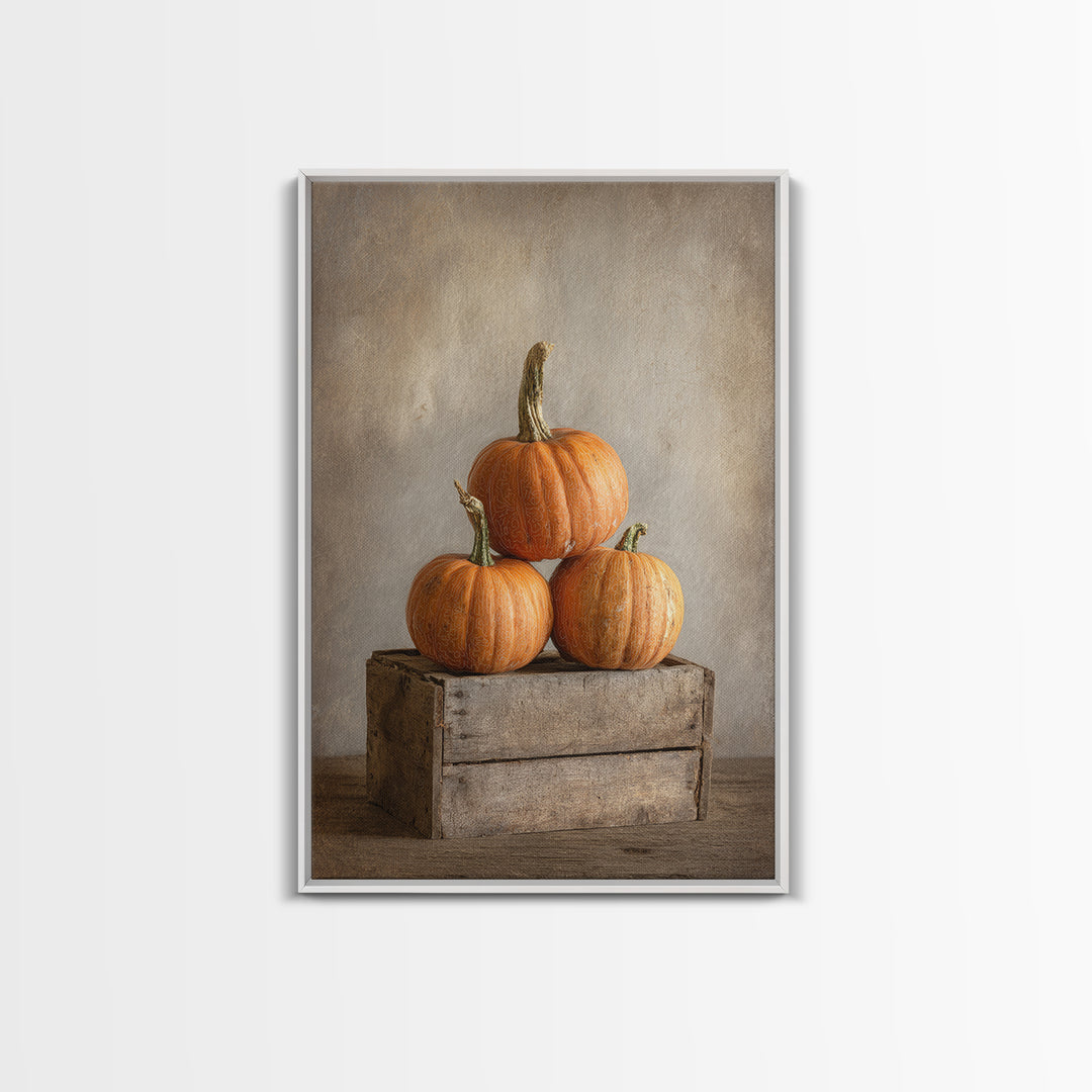 Pumpkins Stacked on a Wooden Crate Framed Canvas Print, Farmhouse Art, Contemporary Art, Farmhouse Decor, Oil Painting, Harvest, FAR-2x3-21