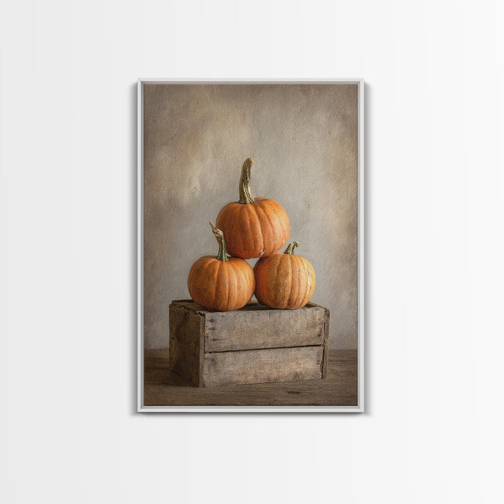 Pumpkins Stacked on a Wooden Crate Framed Canvas Print, Farmhouse Art, Contemporary Art, Farmhouse Decor, Oil Painting, Harvest, FAR-2x3-21