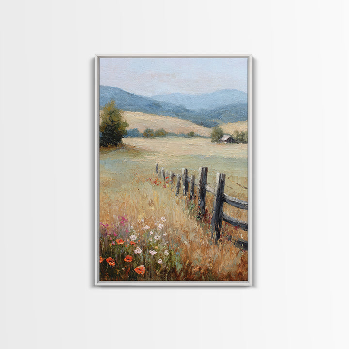 Country Landscape with Fence and Rolling Hills Framed Canvas Print, Farmhouse Art, Textured Painting, Farmhouse Decor, Harvest, FAR-2x3-22
