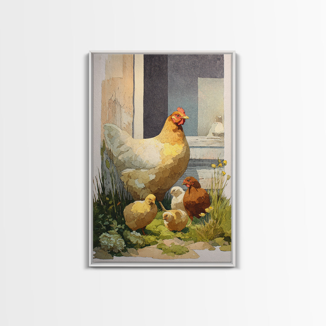 Chicken Family in a Garden Patch Canvas Print, Farmhouse Art, Art Print, Farmhouse Decor, Fine Art, Harvest, Digital Art, FAR-2x3-23