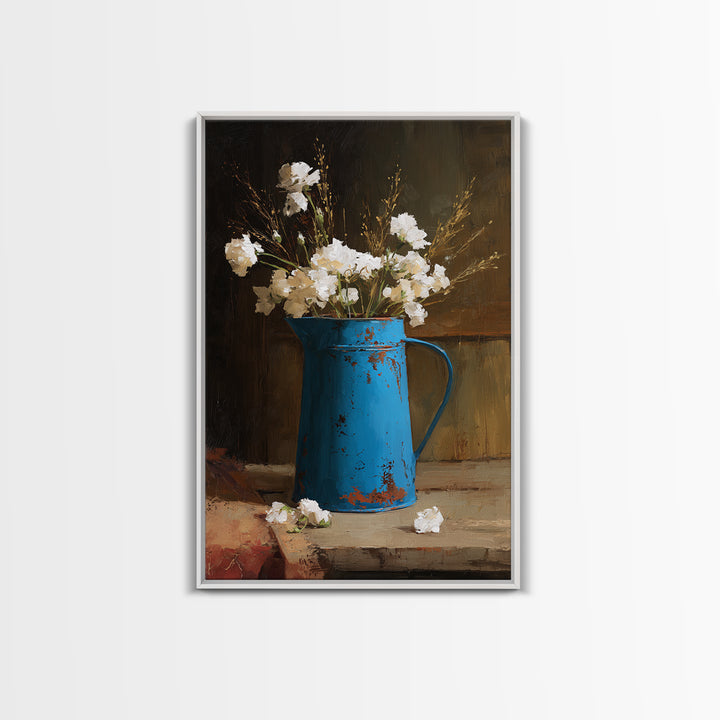 Blue Enamel Pitcher Framed Canvas Print, Farmhouse Art, Landscape Painting, Farmhouse Decor, Watercolor Art, Harvest, FAR-2x3-24