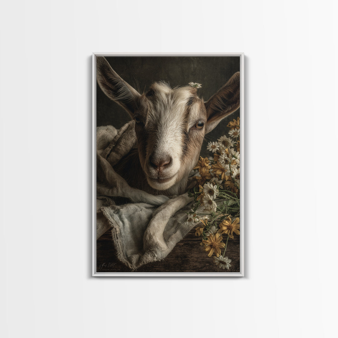 Goat Portrait with Playful Expression Framed Canvas Print, Farmhouse Art, Boho Decor, Farmhouse Decor, Fine Art, Harvest, FAR-2x3-26