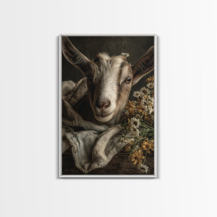 Goat Portrait with Playful Expression Framed Canvas Print, Farmhouse Art, Boho Decor, Farmhouse Decor, Fine Art, Harvest, FAR-2x3-26