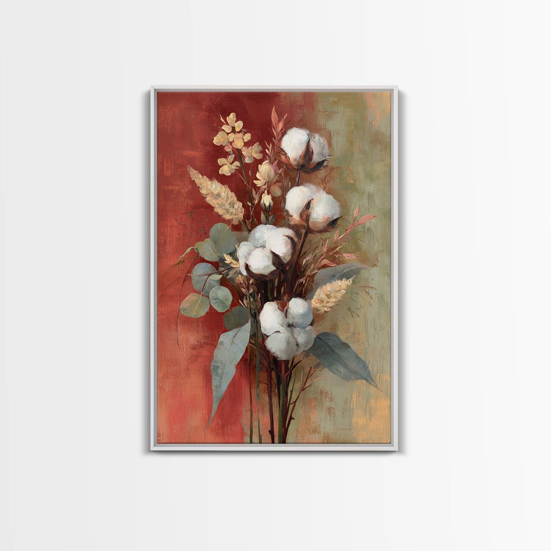 Farmhouse Wreath of Cotton Stems and Eucalyptus Framed Canvas Print, Farmhouse Art, Farmhouse Decor, Fine Art, Harvest, FAR-2x3-28