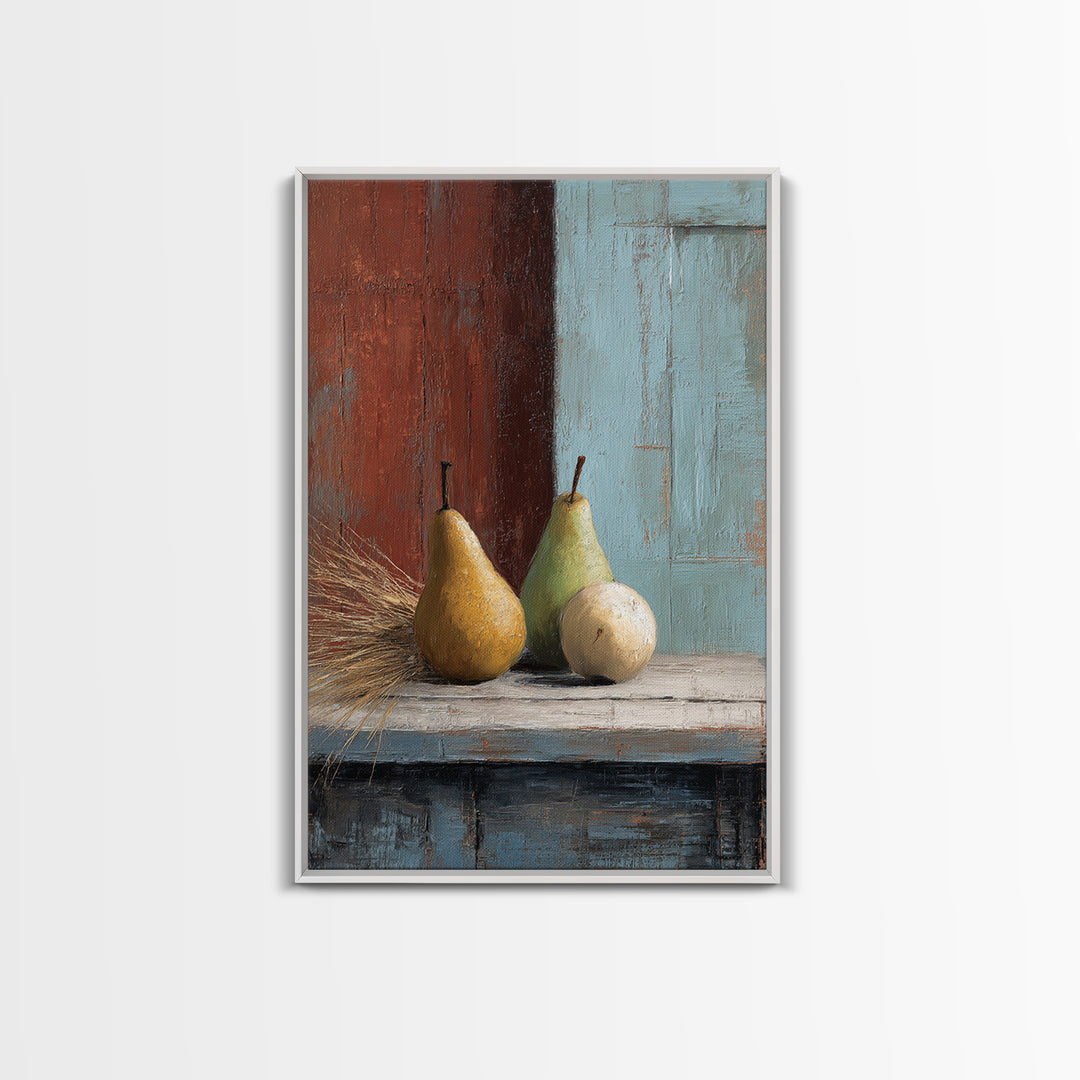 Rustic Pear Still Life on Plank Wood Framed Canvas Print, Farmhouse Art, Landscape Art, Farmhouse Decor, Fine Art, Harvest, FAR-2x3-3