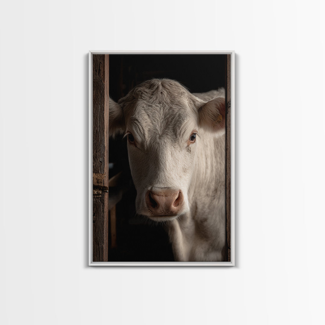 White Cow Portrait Framed Canvas Print, Farmhouse Art, Printable Wall Art, Farmhouse Decor, Fine Art, Harvest, Black Wall Art, FAR-2x3-33