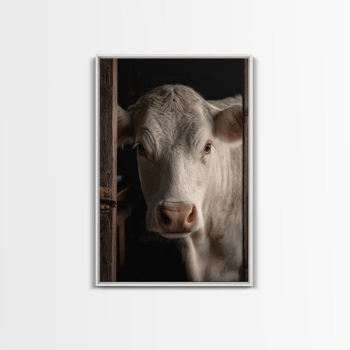 White Cow Portrait Framed Canvas Print, Farmhouse Art, Printable Wall Art, Farmhouse Decor, Fine Art, Harvest, Black Wall Art, FAR-2x3-33