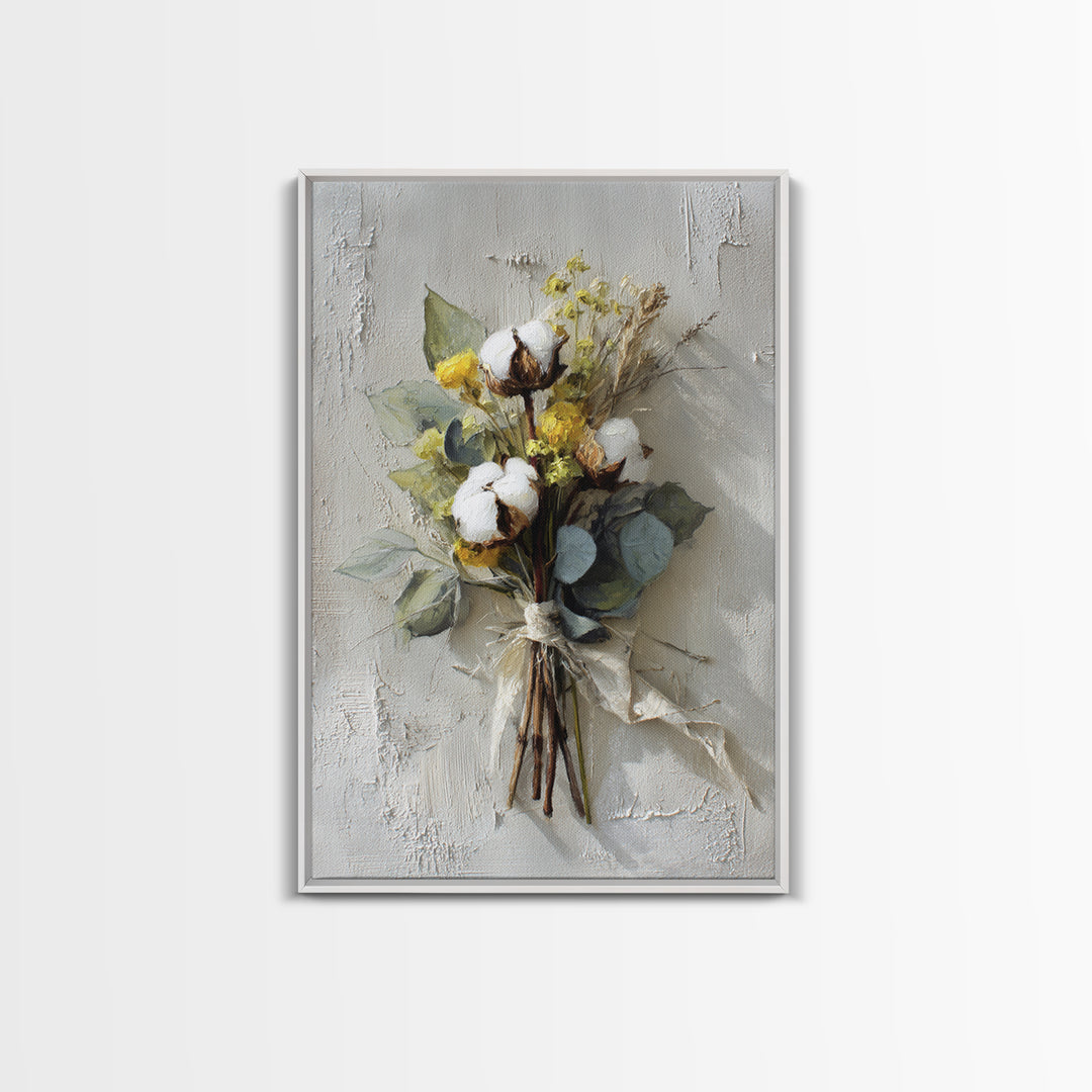 Farmhouse Wreath of Cotton Stems and Eucalyptus Canvas Print, Farmhouse Art, Statement Artwork, Farmhouse Decor, Harvest, FAR-2x3-4