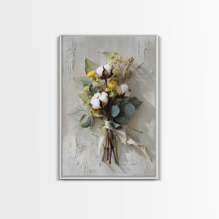 Farmhouse Wreath of Cotton Stems and Eucalyptus Canvas Print, Farmhouse Art, Statement Artwork, Farmhouse Decor, Harvest, FAR-2x3-4