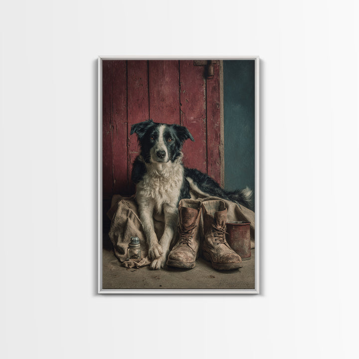 Farm Dog Lying Beside Weathered Boots Framed Canvas Print, Farmhouse Art, Wall Decor, Farmhouse Decor, Abstract Art, Harvest, FAR-2x3-41