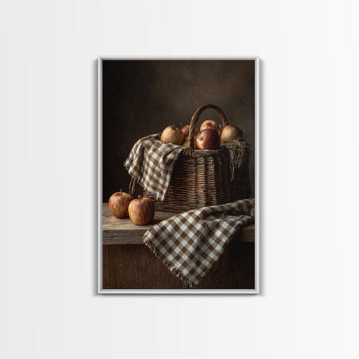 Apple Basket with Gingham Cloth Framed Canvas Print, Farmhouse Art, Contemporary Art, Farmhouse Decor, Fine Art, Harvest, FAR-2x3-43