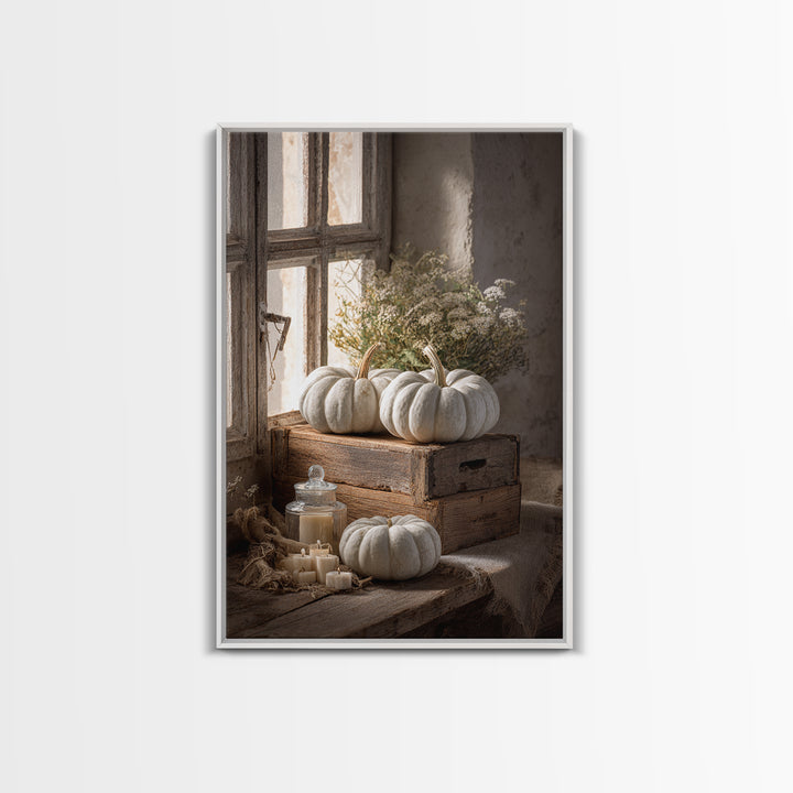 Pumpkins Stacked on a Wooden Crate Canvas Print, Farmhouse Art, Digital Prints, Farmhouse Decor, Harvest, Watercolor Painting, FAR-2x3-45
