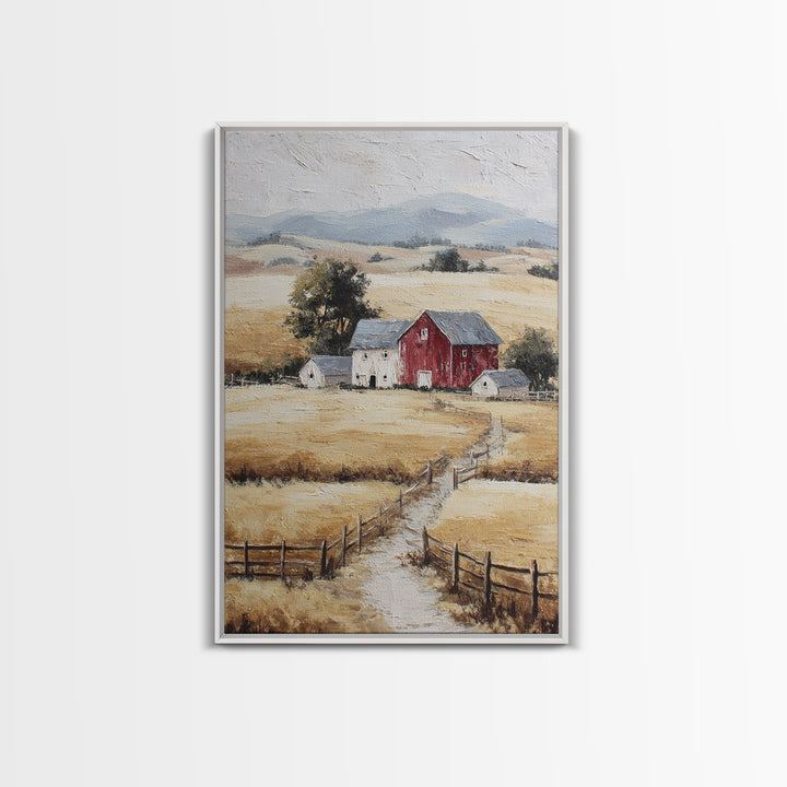 Country Landscape with Fence and Rolling Hills Framed Canvas Print, Farmhouse Art, Textured Painting, Farmhouse Decor, Harvest, FAR-2x3-46